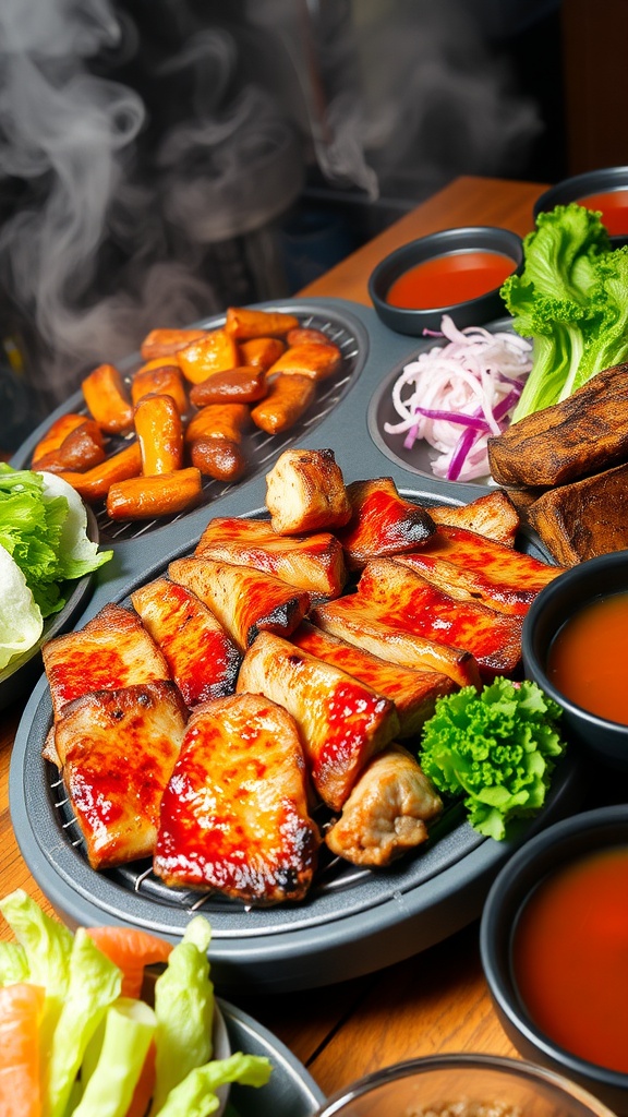 Grilled Korean barbecue with marinated beef and vegetables on a rustic table.